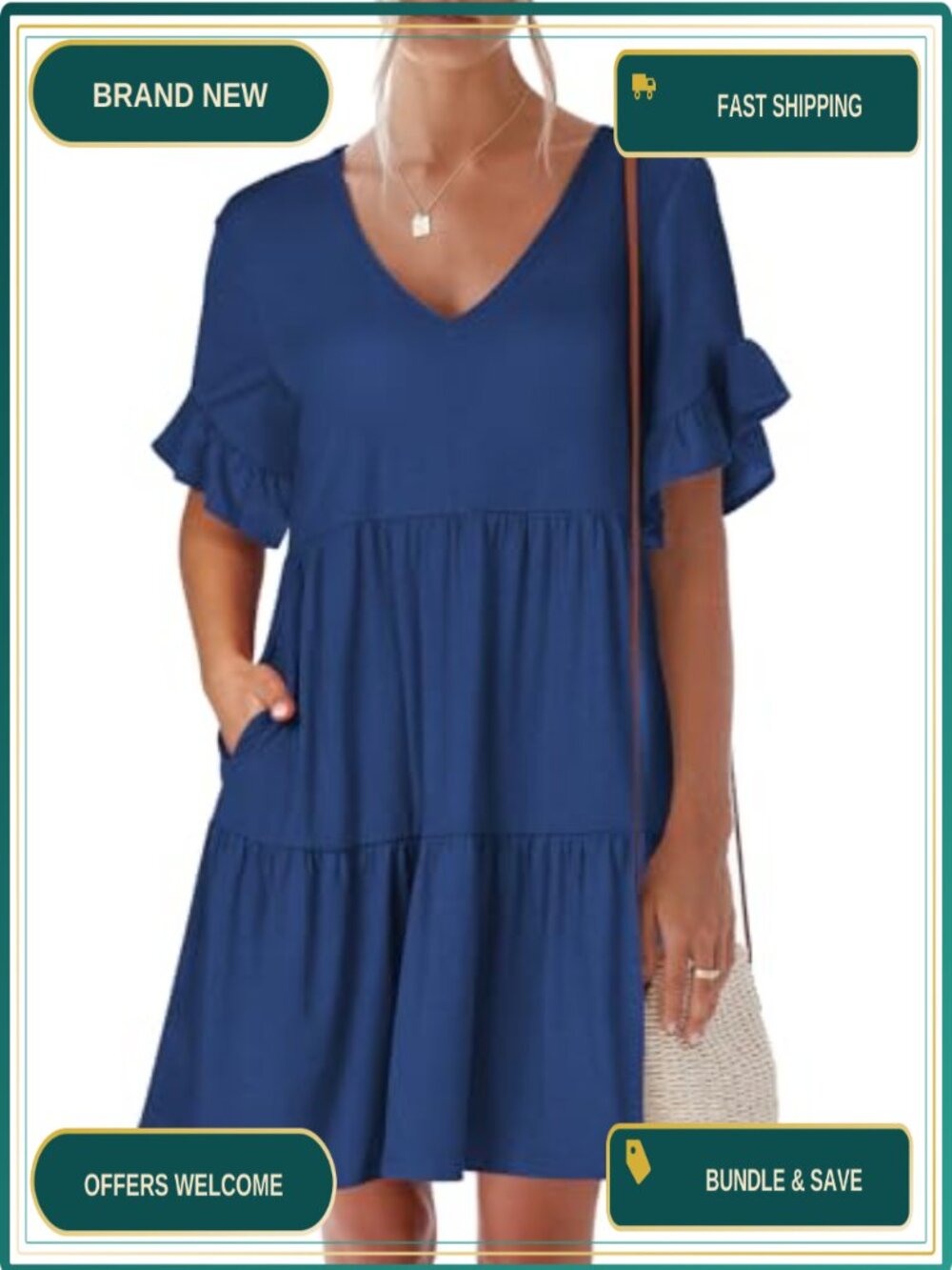 Womens V Neck Ruffle Sleeve A Line Tiered Flowy Mini Beach Dress with Pockets